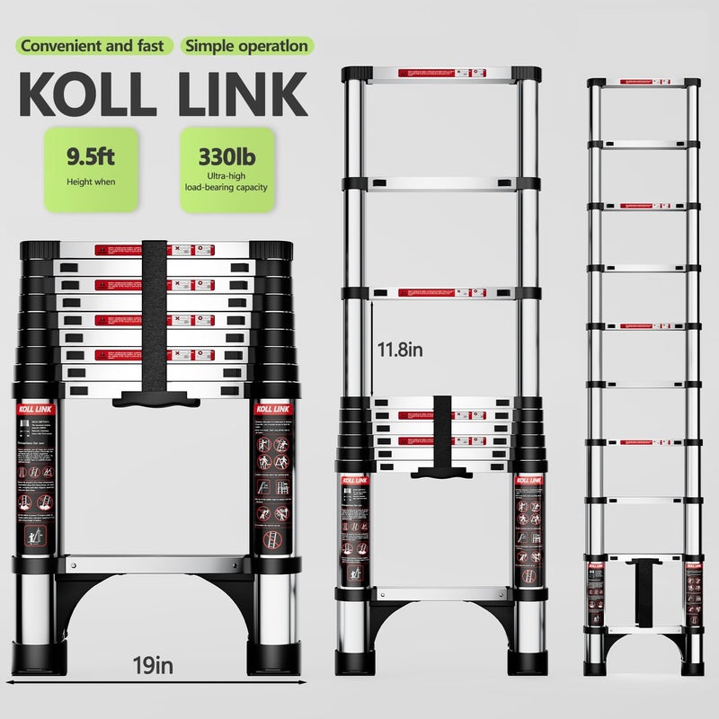 KLINK Telescoping Ladder,9.5 FT Aluminum Lightweight Extension Ladder with 2 Triangle Stabilizers, Heavy Duty 330lbs Max Capacity - Image 3